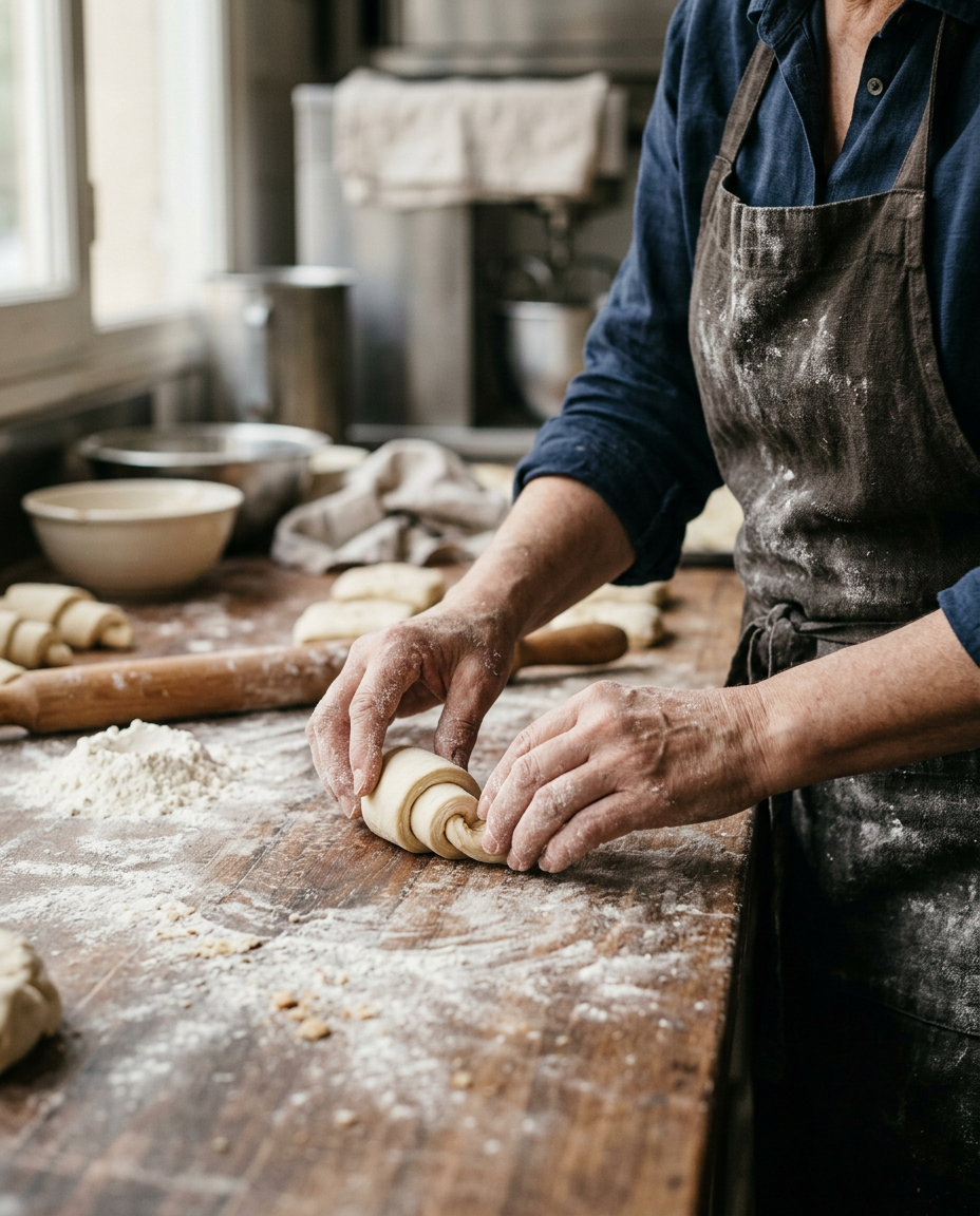 Manos de un pastelero trabajando la masa